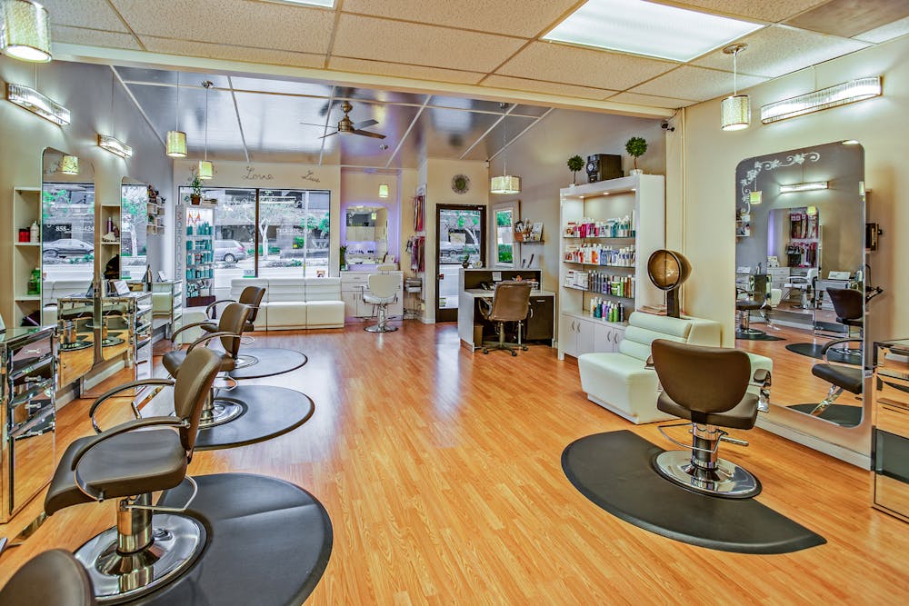 A brightly lit hair salon.